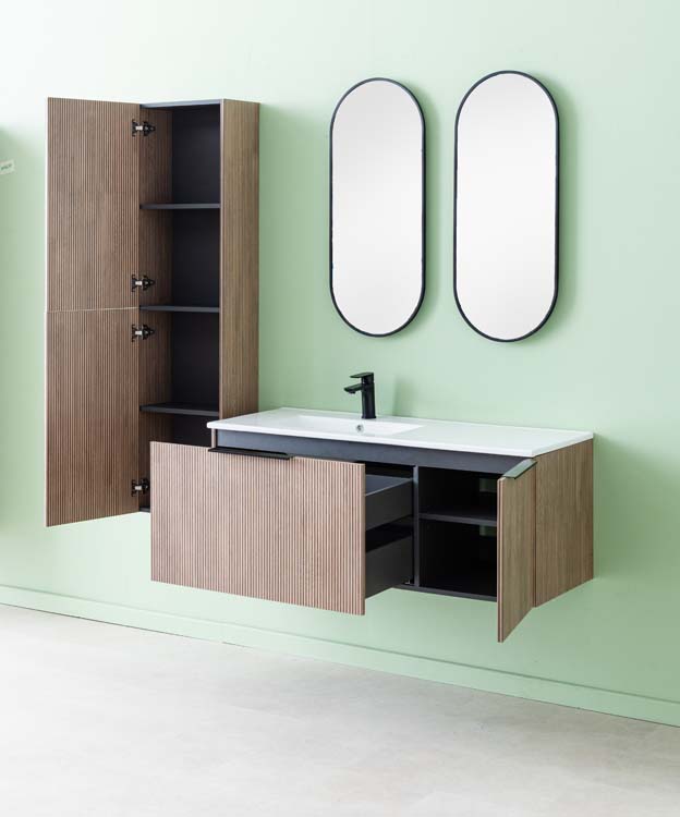 Meuble de salle de bains Nolan noyer suspendu avec lavabo simple à gauche blanc brillant 120cm