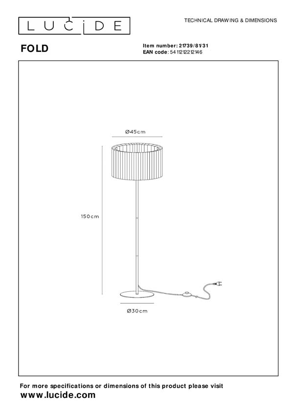 Lucide FOLD - Lampadaire - Ø 45 cm - 1xE27 - Blanc