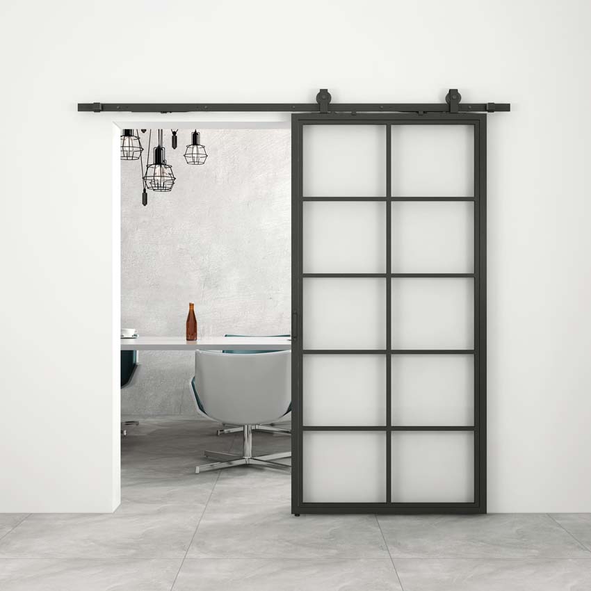 Porte coulissante simple en acier complète Tyra veere mat 10R 93x213,4cm noir + rail noir