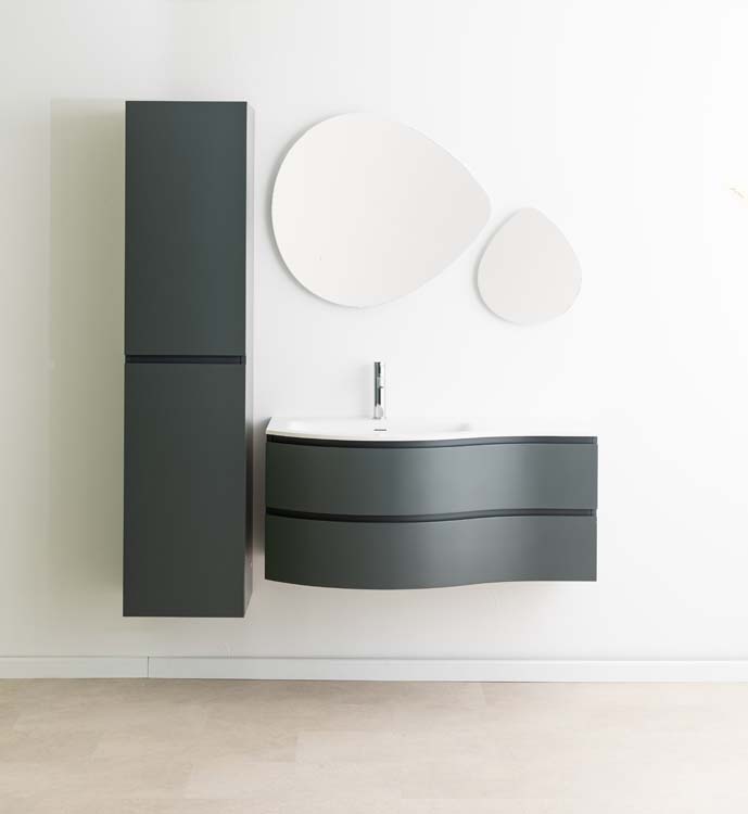 Meuble de salle de bains Aaron gris courbé avec lavabo simple blanc mat 110cm