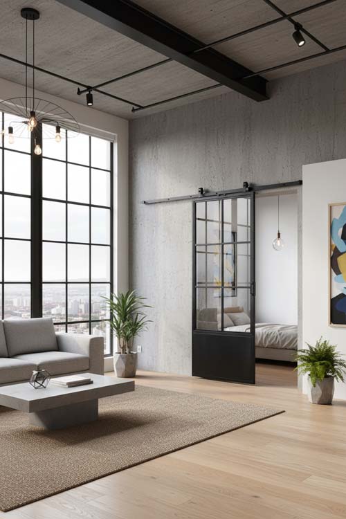 Porte coulissante simple en acier complète Tyra 6R sur mesure + rail noir