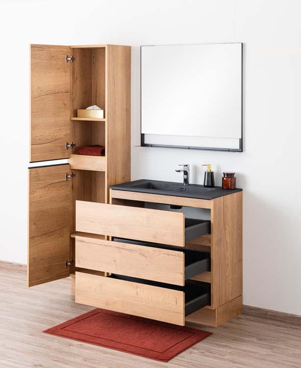 Meuble de salle de bain Daria chêne brun doré 900 mm sur pied lavabo noir mat Meuble de salle de bain Daria chêne brun doré 900 mm sur pied lavabo noir mat