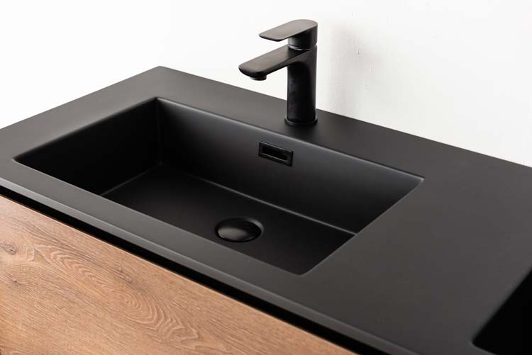 Meuble de salle de bains Justin noyer suspendu avec lavabo double noir mat 140cm