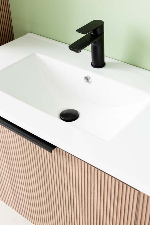 Meuble de salle de bains Nolan noyer suspendu avec lavabo simple à gauche blanc brillant 120cm