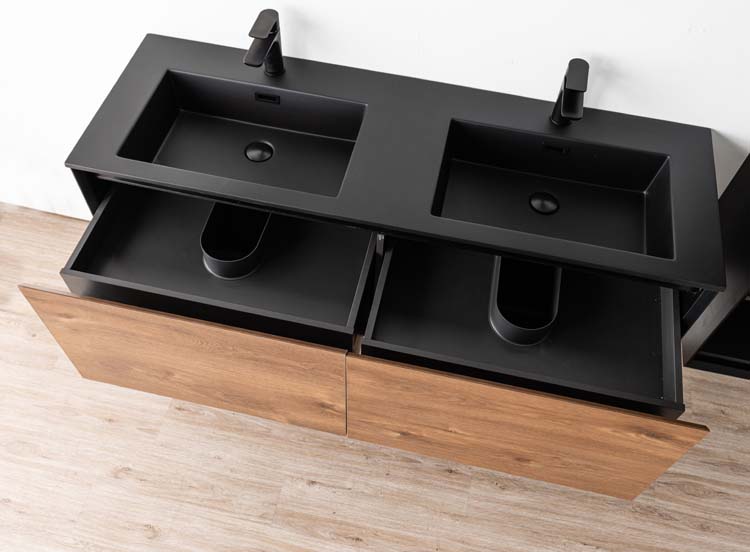 Meuble de salle de bains Justin noyer suspendu avec lavabo double noir mat 140cm