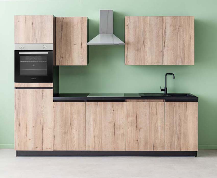 Keuken Plenti zwart/houtlook 280cm - met toestellen - vitrokeramische kookplaat en inox wanddampkap