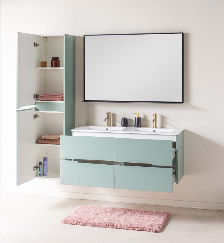 Meuble de salle de bains Truman vert gris suspendu avec lavabo double blanc brillant 120cm