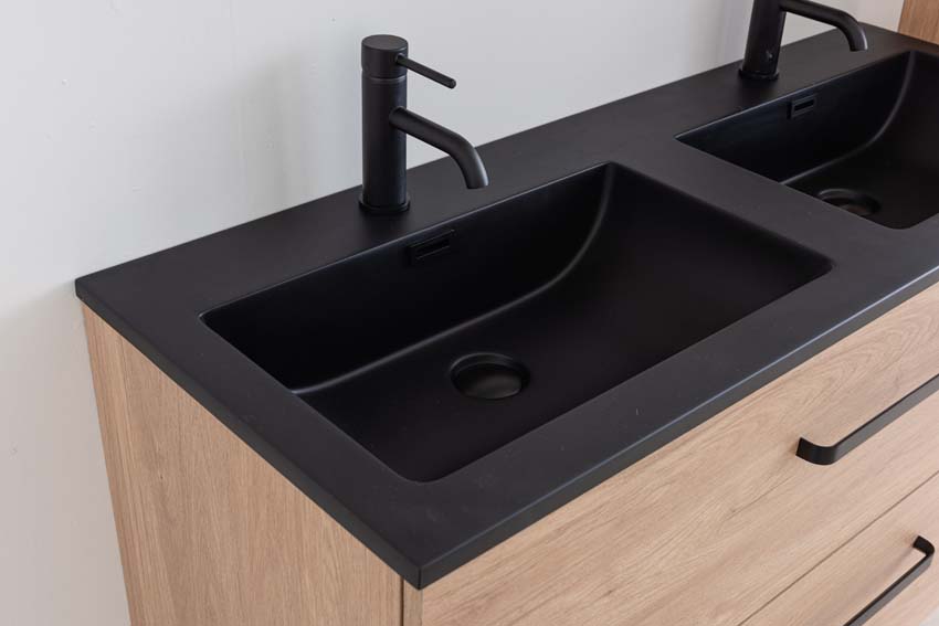 Meuble de salle de bains Bison chêne suspendu avec lavabo double noir 