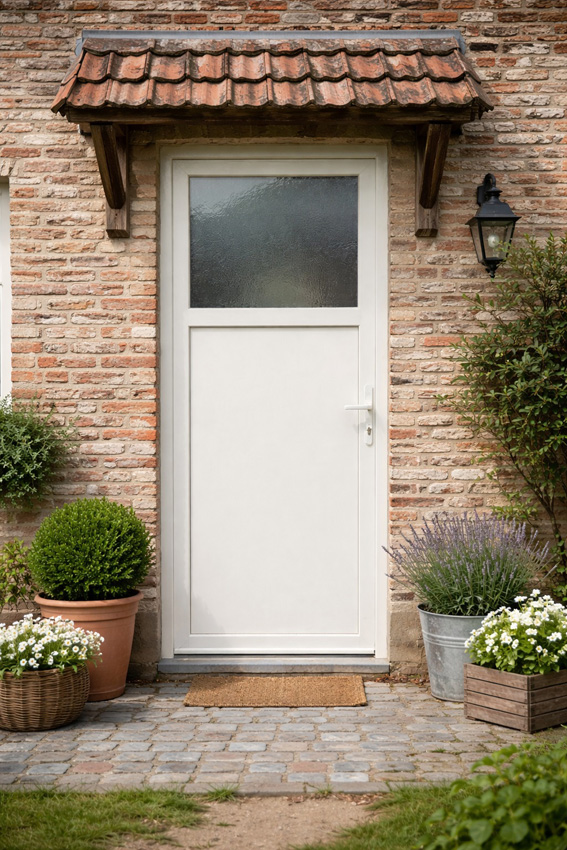 Porte extérieure PVC 1/3 verre structuré blanc 980x2180mm ouvrant à droite