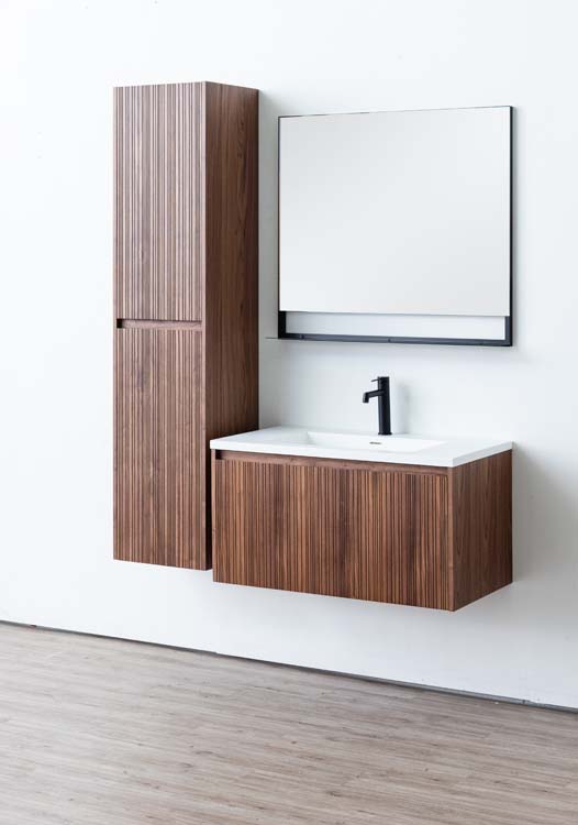 Meuble de salle de bains Warren noyer suspendu avec lavabo simple blanc mat 90cm