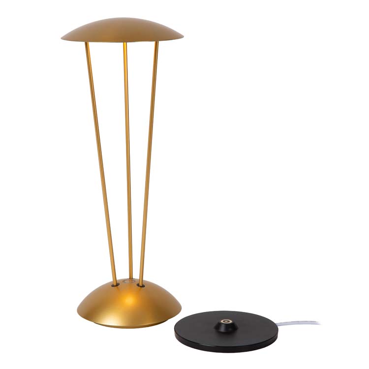 Lucide RENEE - Oplaadbare Tafellamp Buiten - Accu/Batterij - Ø 12,3 cm - LED Dimb. - 1x2,2W 2700K/3000K - IP54 - Met draadloos oplaadstation - Mat Goud / Messing