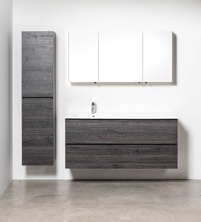 Badkamermeubel Dotan donkere eik hangend met enkele wastafel links mat wit 140cm