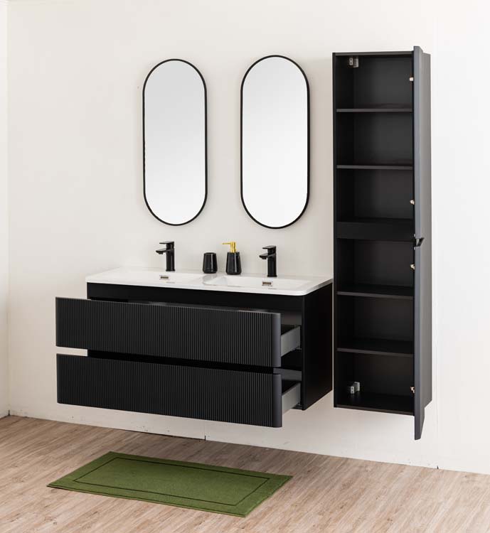 Badkamermeubel Julia mat zwart hangend met dubbele mineraal marmer wastafel glanzend wit 120cm
