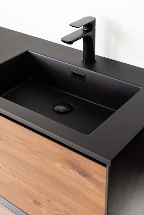 Meuble de salle de bains Justin noyer suspendu avec lavabo double noir mat 140cm