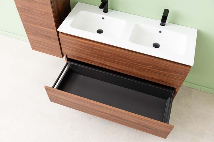Meuble de salle de bains Dotan noyer suspendu avec lavabo double blanc mat 120cm