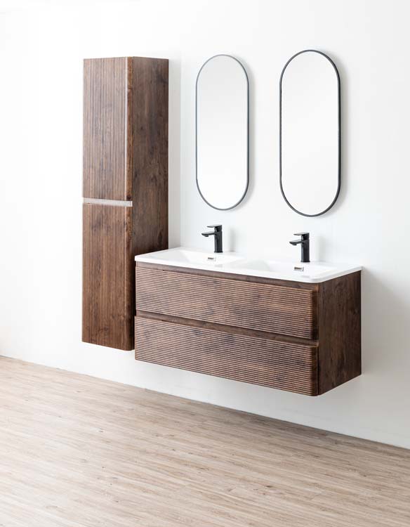 Meuble de salle de bains Jelte noyer suspendu avec lavabo double en marbre minéral blanc brillant 120cm