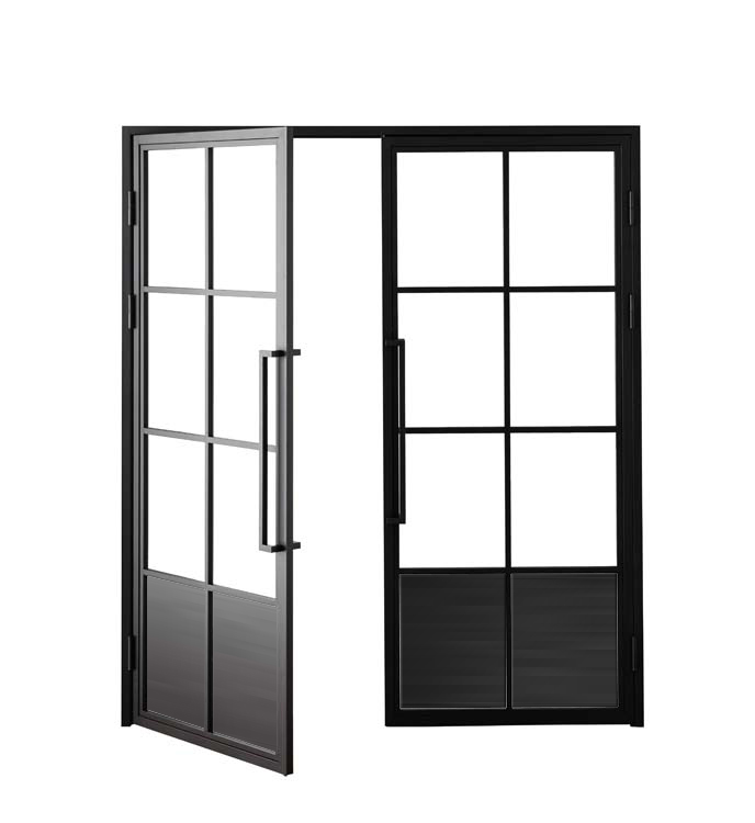 Porte intérieure en acier double Tara 6W verre + panneau ouvrant à droite sur mesure