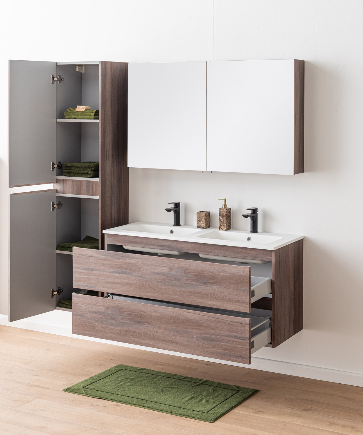Meuble de salle de bains Tarik chêne ambré suspendu avec double vasque blanc mat 120cm
