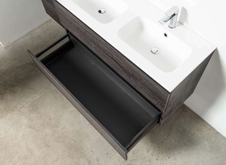 Meuble de salle de bains Dotan chêne foncé suspendu avec lavabo double en porcelaine blanc brillant 120cm