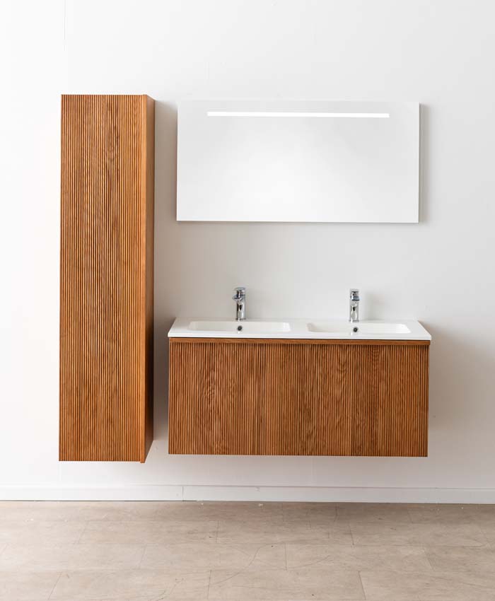 Meuble de salle de bain Fae chêne suspendu avec double lavabo blanc brillant 120cm