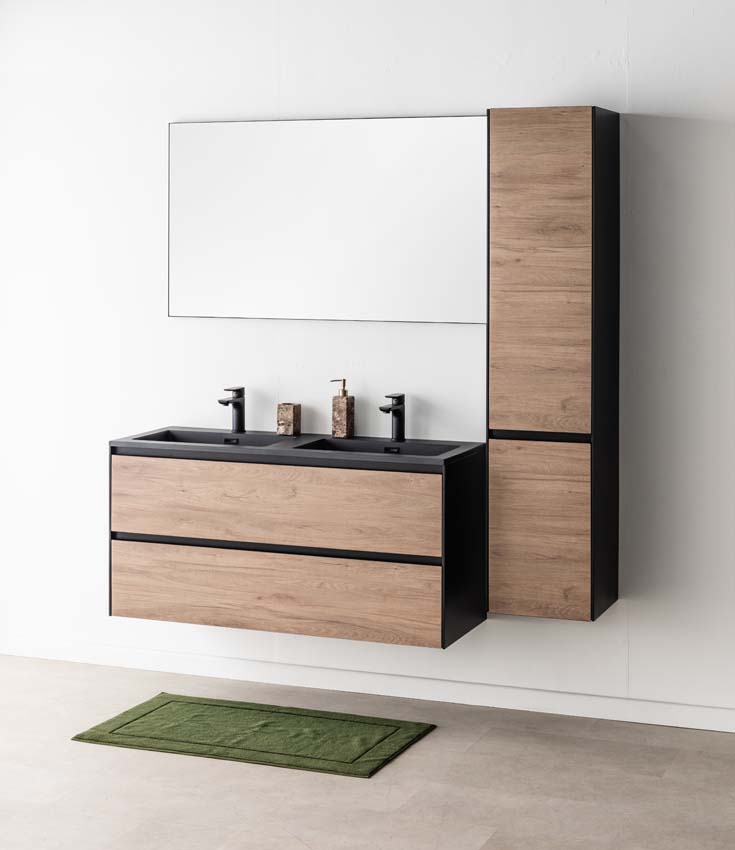 Meuble de salle de bains Molly chêne suspendu avec lavabo double noir mat 120cm