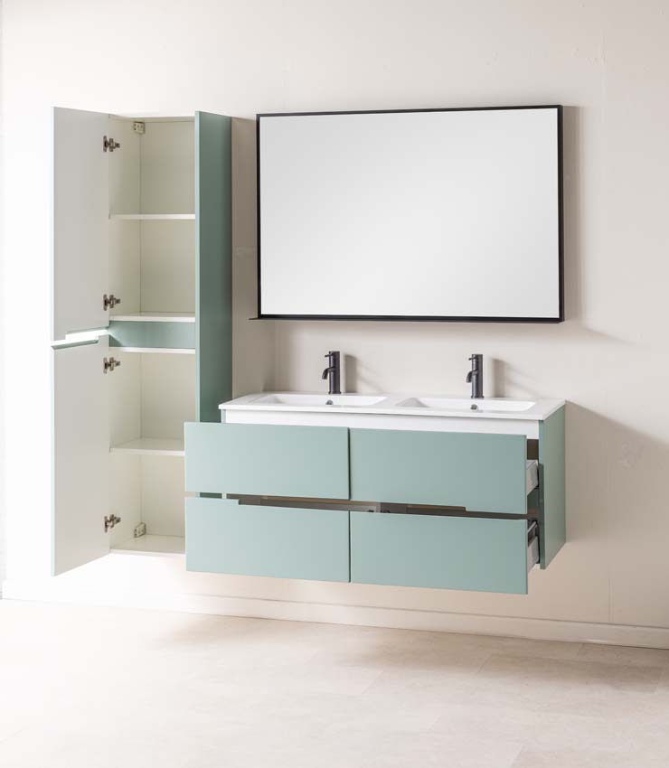 Meuble de salle de bains Truman vert gris suspendu avec lavabo double blanc brillant 120cm