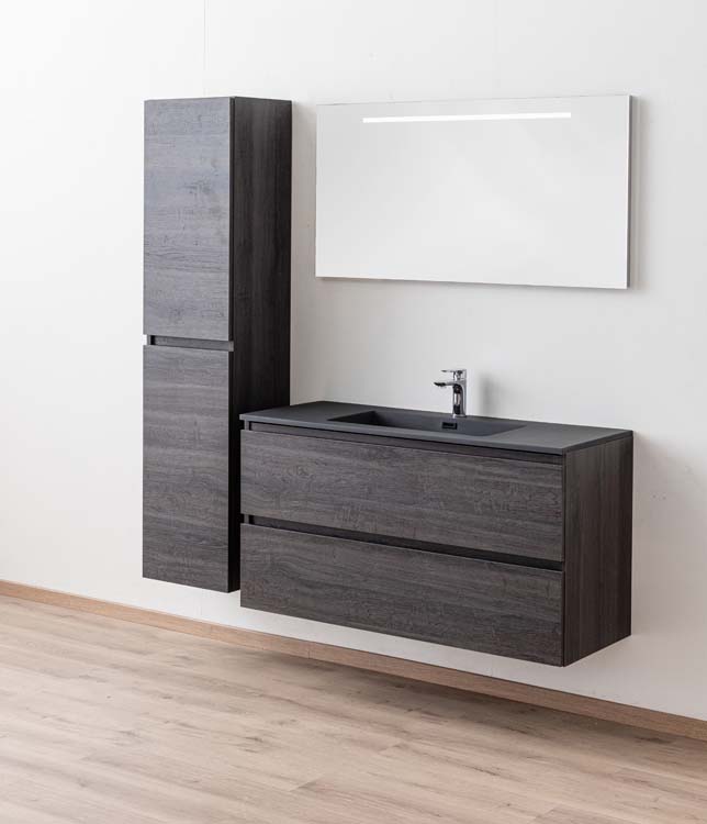 Meuble de salle de bains Dotan chêne foncé suspendu avec lavabo simple noir mat 120cm