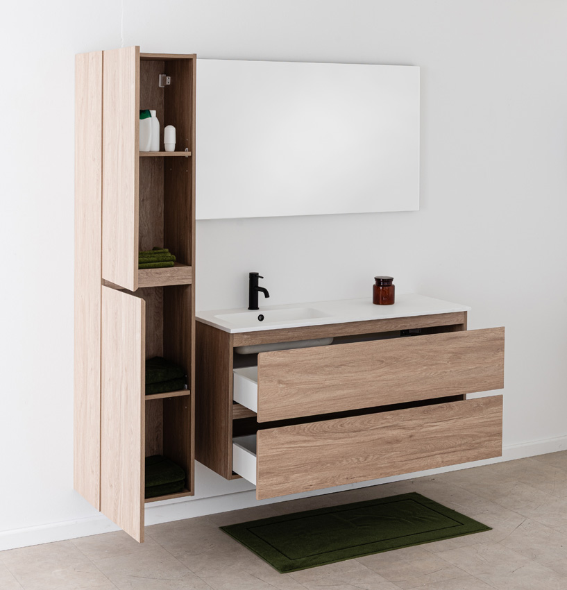 Badkamermeubel Bianca eiklook hangend met enkele wastafel mat wit 120,5cm