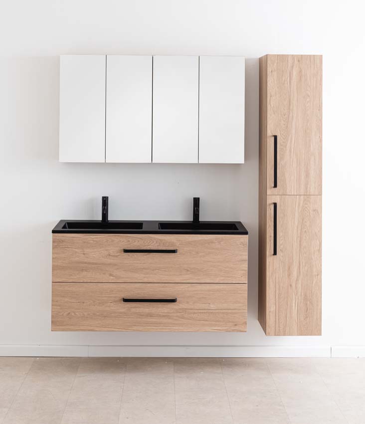 Meuble de salle de bains Bison chêne suspendu avec lavabo double noir 