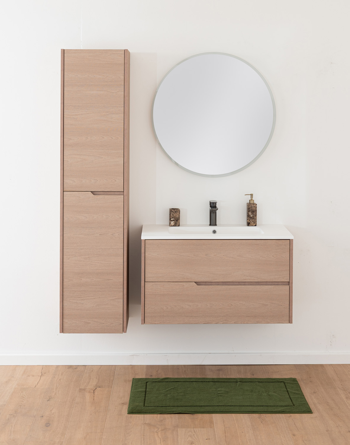 Meuble de salle de bains Tiago chêne Nordic suspendu avec vasque simple blanc brillant 90cm