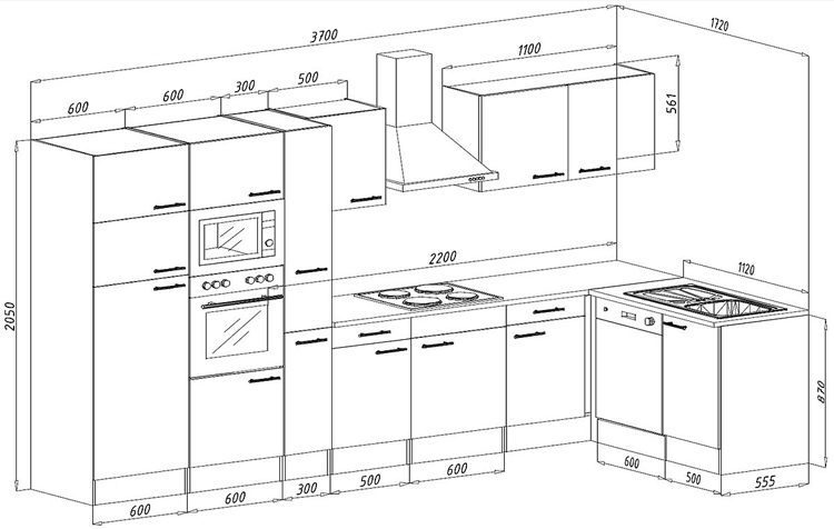 Hoekkeuken grijs/eik donker 370x172cm - met toestellen - vitrokeramische kookplaat en zwarte wanddampkap