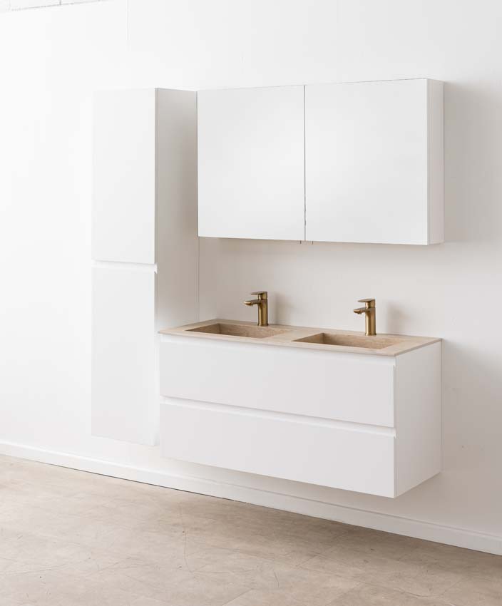 Badkamermeubel Tibo wit met dubbele wastafel travertinlook 120cm