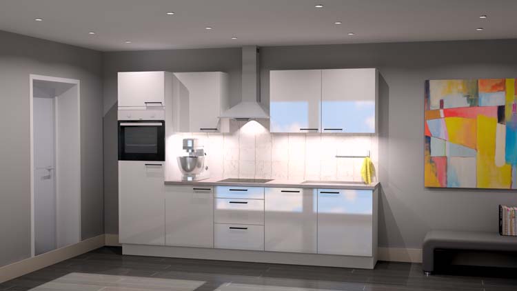 Cuisine Premium 5B blanc brillant 300cm - pré-montée - avec appareils - plaque de cuisson vitrocéramique et hotte murale en inox