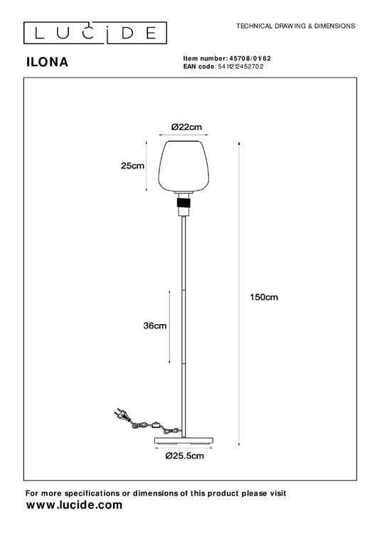 Lucide ILONA - Lampadaire - Ø 34 cm - 1xE27 - Ambre