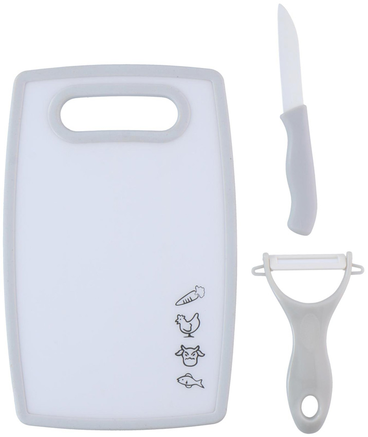 Snijplank met dunschiller en mes kunststof lichtgrijs 25x16cm