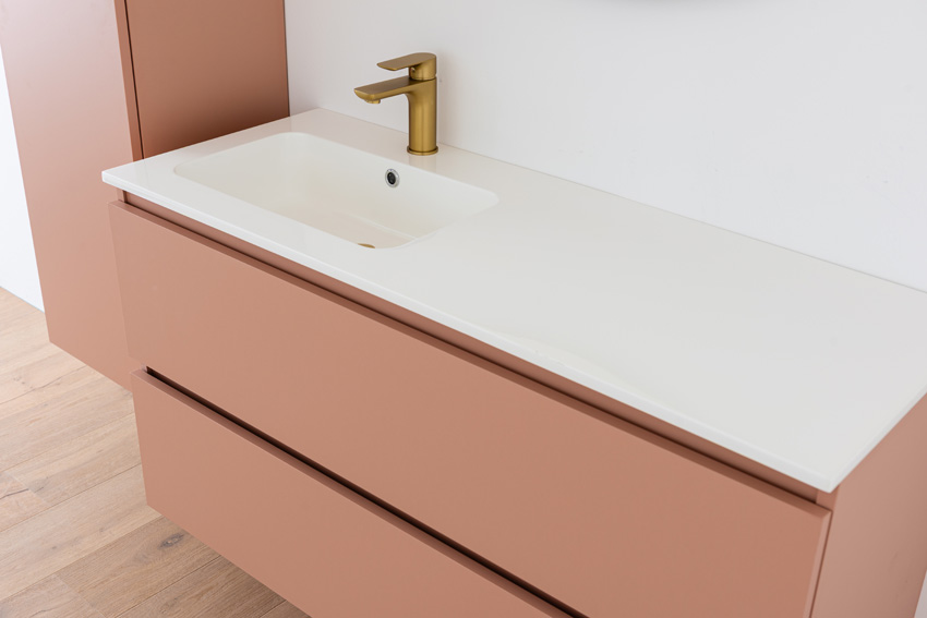 Meuble de salle de bains Dotan abricot suspendu avec lavabo simple gauche blanc brillant 120cm