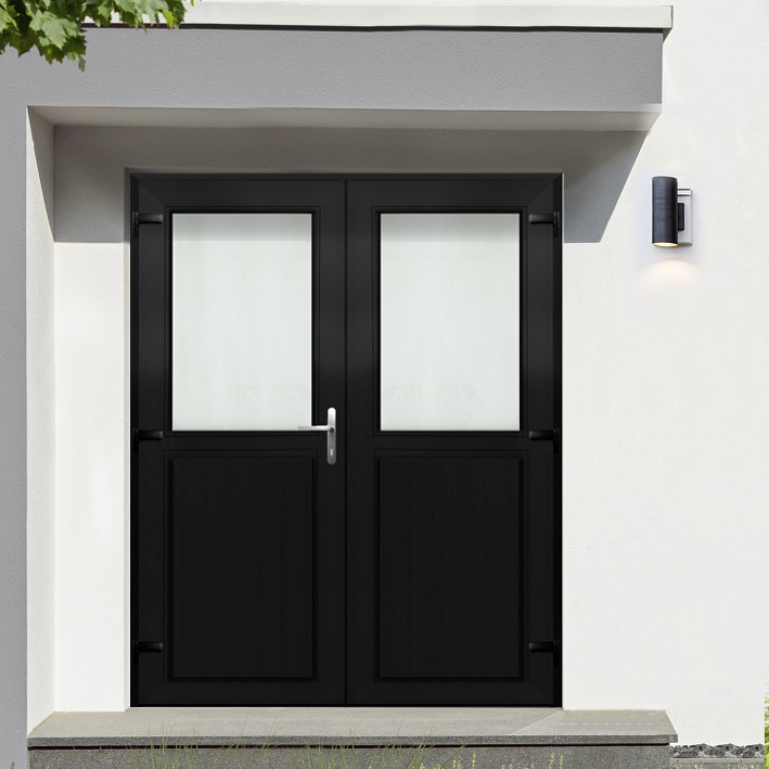 Porte extérieure pvc anthra/blanche double demi-vitrée out G SUR MESURE