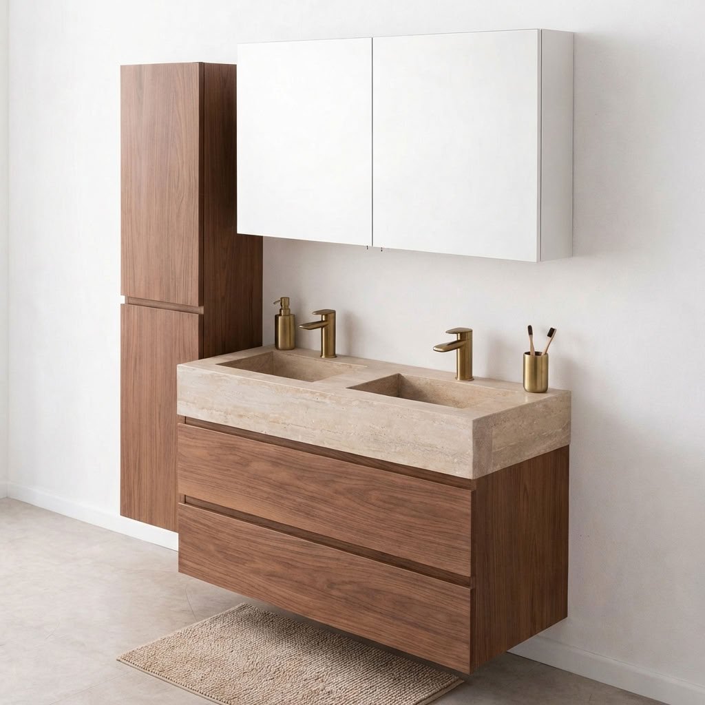 Meuble de salle de bain Dotan noyer avec lavabo double large en aspect travertin 120cm