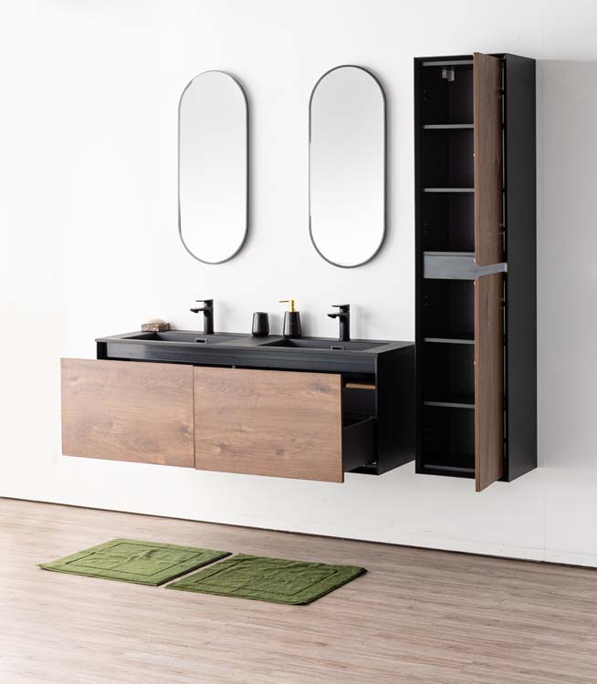 Meuble de salle de bains Justin noyer suspendu avec lavabo double noir mat 140cm