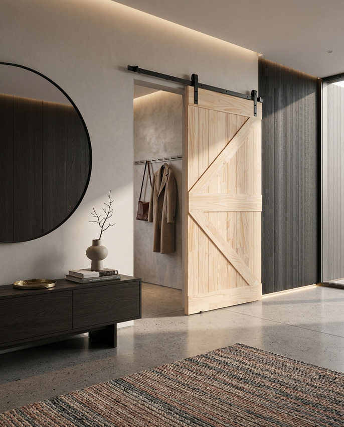 Porte coulissante simple complète Barn Tristan en pin 93x211,5cm + rail robuste noir