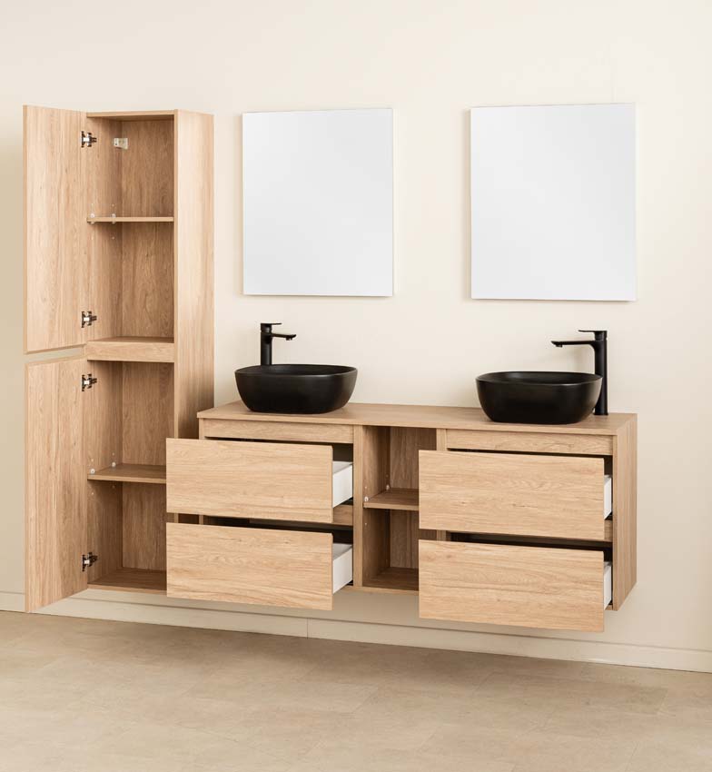 Meuble de salle de bain Bella aspect chêne 1500 mm lavabo double noir mat Meuble de salle de bain Bella aspect chêne 1500 mm lavabo double noir mat