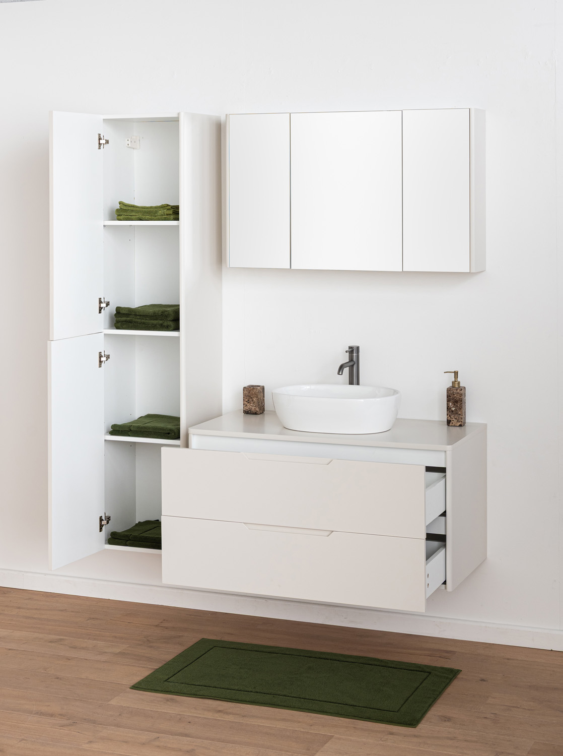Badkamermeubel Billie beige met opbouwkom glanzend wit 100cm
