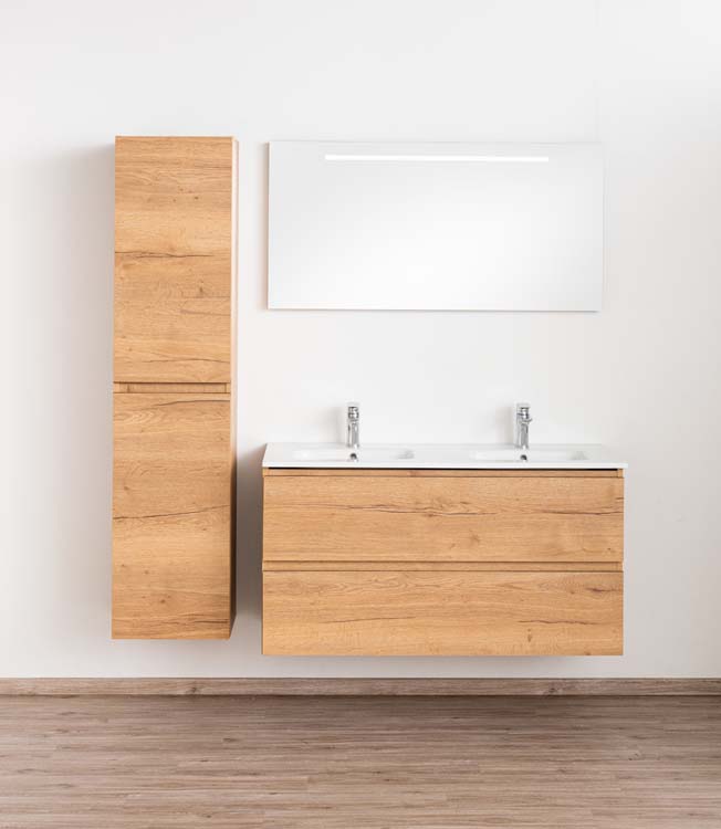 Meuble de salle de bain Daria chêne brun doré 1200 mm 2 lavabo porcelaine brillant