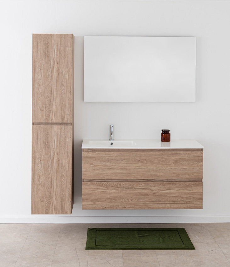 Badkamermeubel Bianca eiklook hangend met enkele wastafel glanzend wit 120,5cm