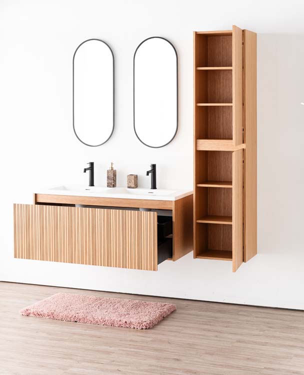 Meuble de salle de bains Warren afromosia suspendu avec lavabo double blanc mat 120cm