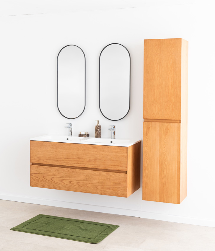 Badkamermeubel Fior eik hangend met dubbele wastafel glanzend wit 120cm