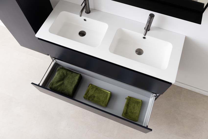 Meuble de salle de bains Tibo gris suspendu avec lavabo double blanc brillant 120cm Meuble de salle de bains Tibo gris suspendu avec lavabo double blanc brillant 120cm