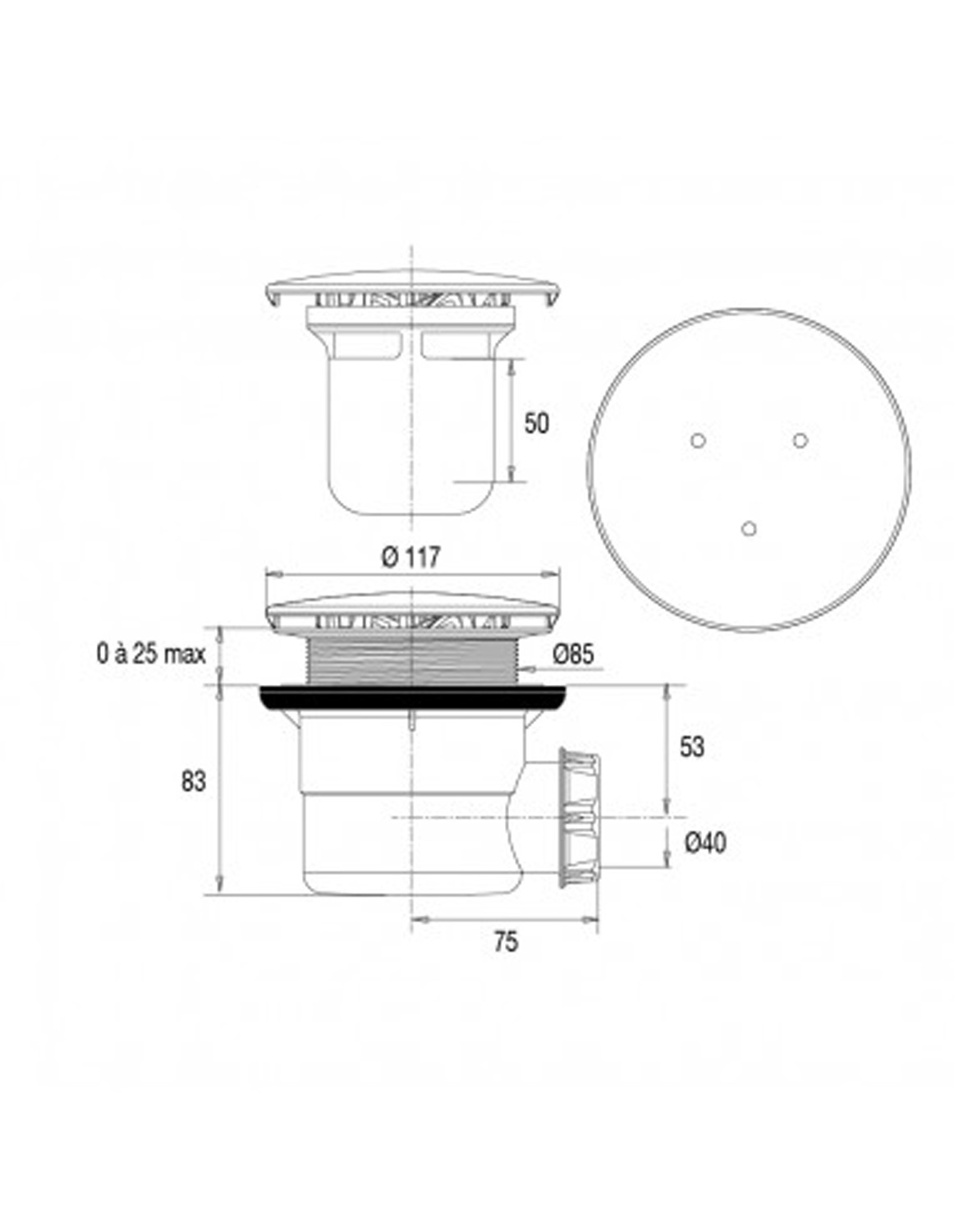 Douchesifon Valentin Ø90mm met inox afdekkap, horizontale afvoer Ø40mm