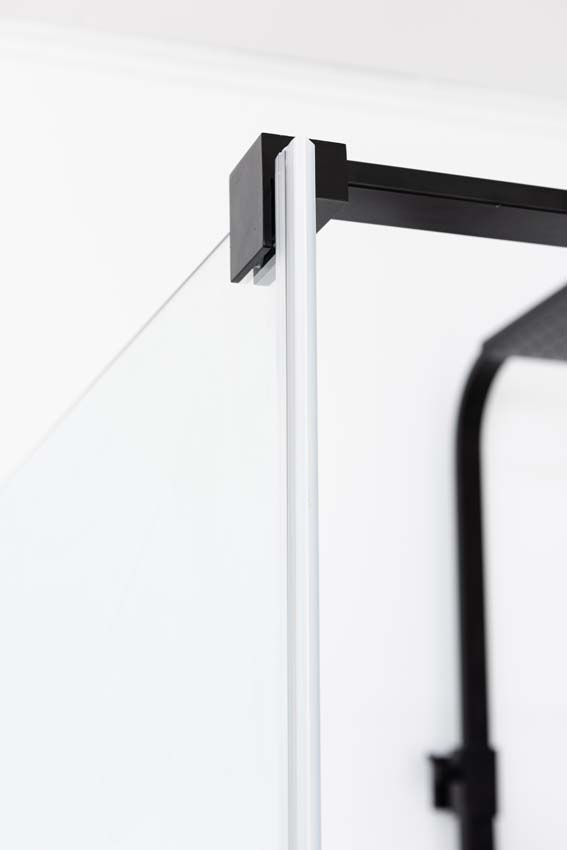Douche en coin Alexia avec paroi fixe et porte pivotante noir mat 90x90x190cm