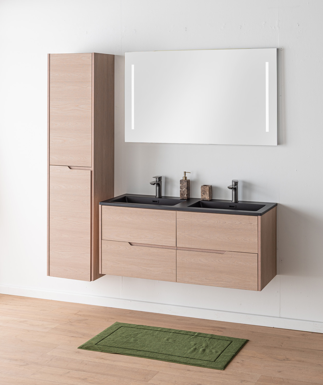 Meuble de salle de bains Tarik chêne Nordic suspendu avec double vasque noir mat 120cm